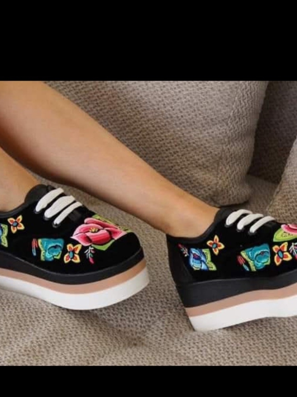 Black Platform Lace-Up Sneakers with Colorful Floral Embroidery